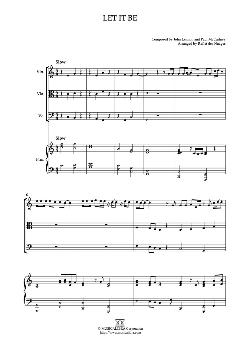 QUARTET SHEET MUSIC] Let It Be Violin, Viola, Cello and Piano