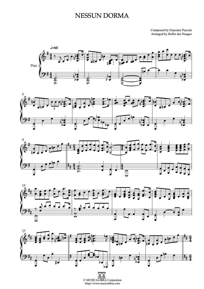 PIANO SOLO SHEET MUSIC] Nessun Dorma : MUSICALIBRA, image size:793x1122