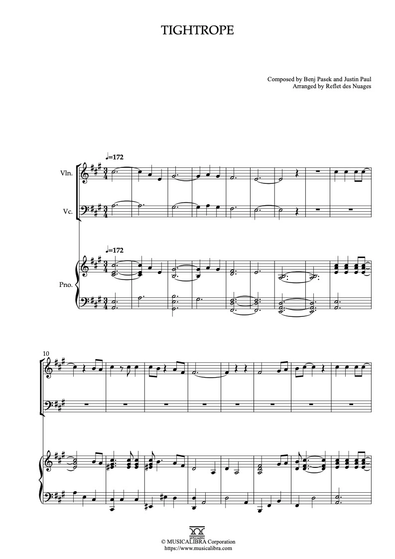 TRIO SHEET MUSIC] Tightrope - Violin, Cello and Piano Chamber