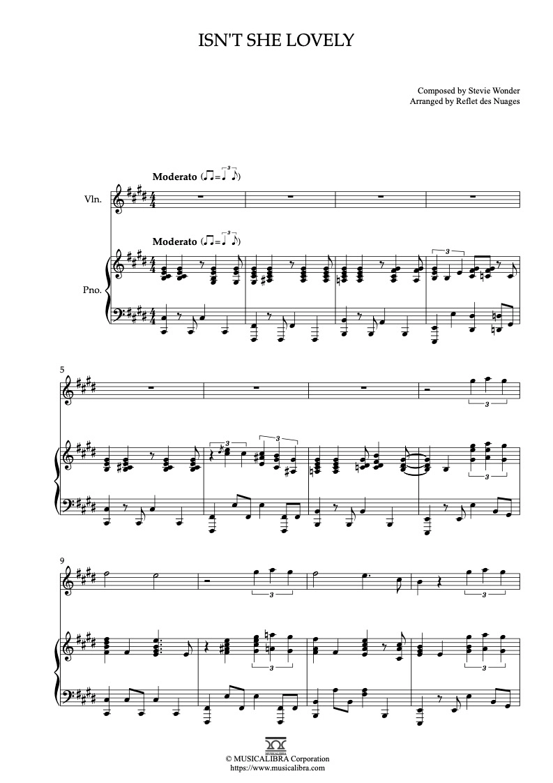 DUET 楽譜] Isn't She Lovely - ヴァイオリン、ピアノデュエット