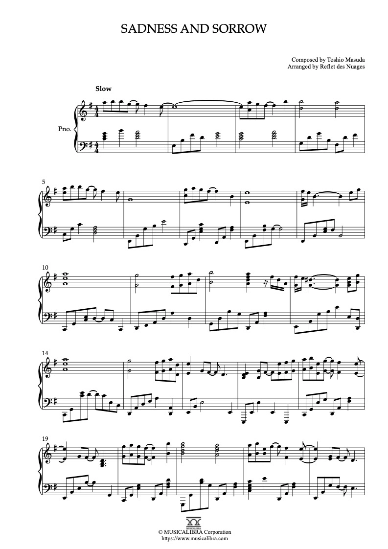 PIANO SOLO 楽譜] 悲しみと悲哀(Sadness and Sorrow) ピアノ 編曲 楽譜