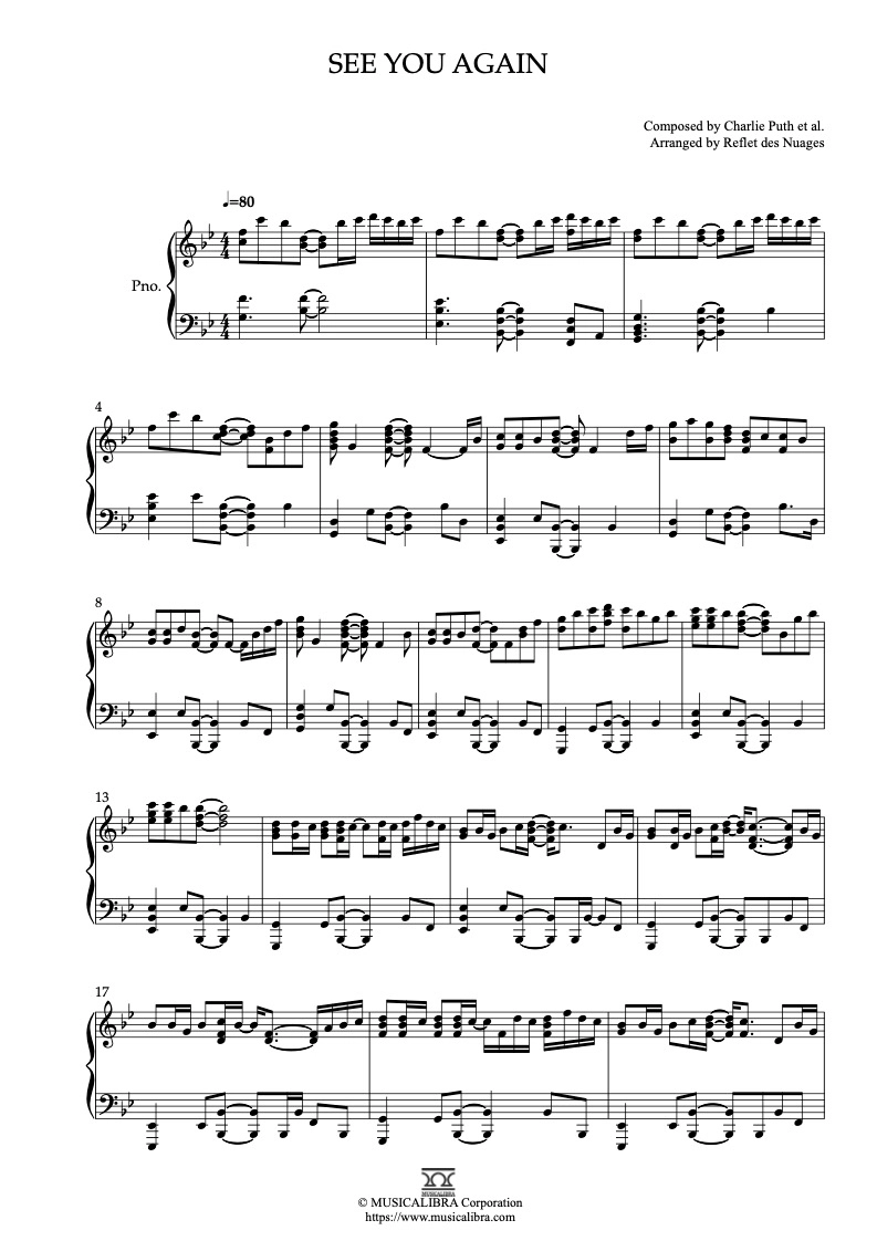 PIANO SOLO 楽譜] See You Again ピアノ 編曲 楽譜