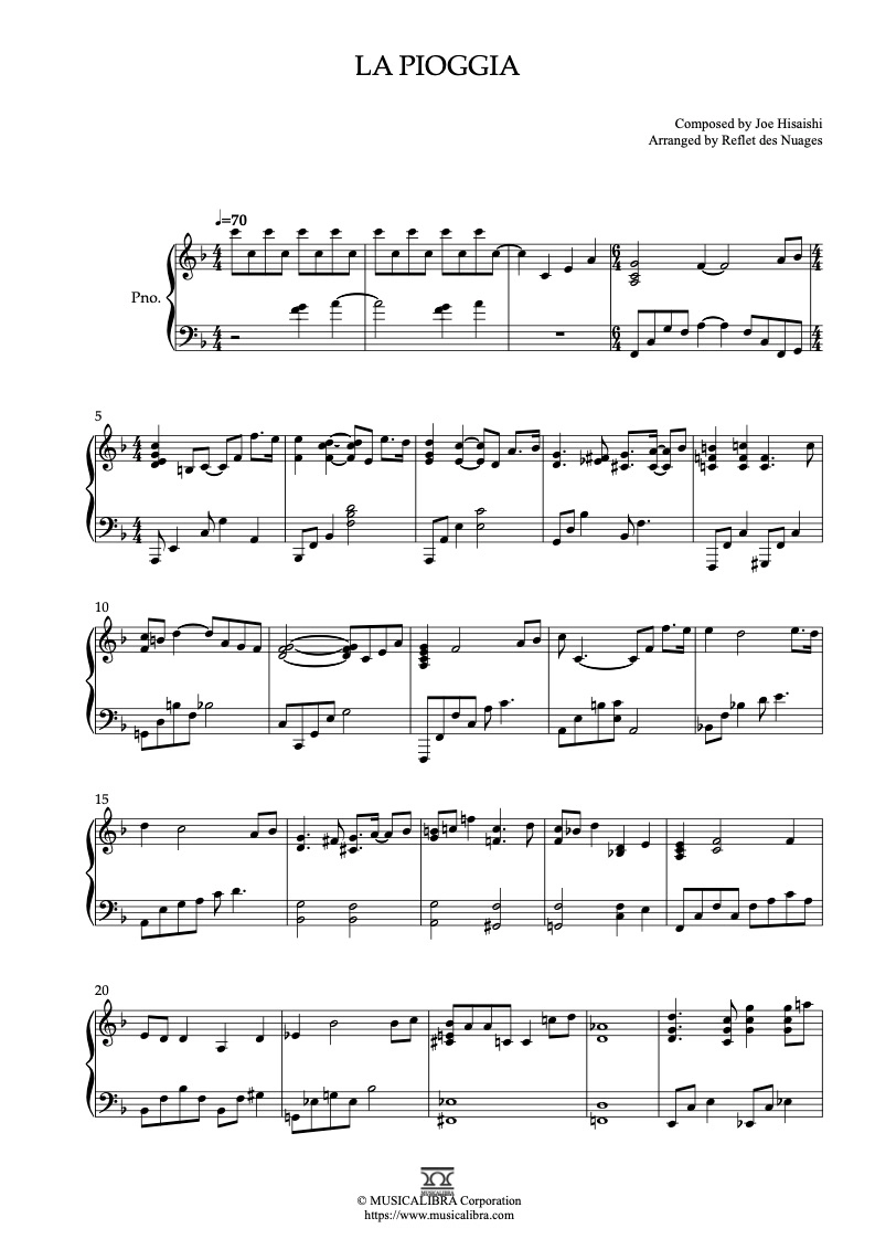 PIANO SOLO 楽譜] La Pioggia ピアノ 編曲 楽譜 : MUSICALIBRA JAPAN