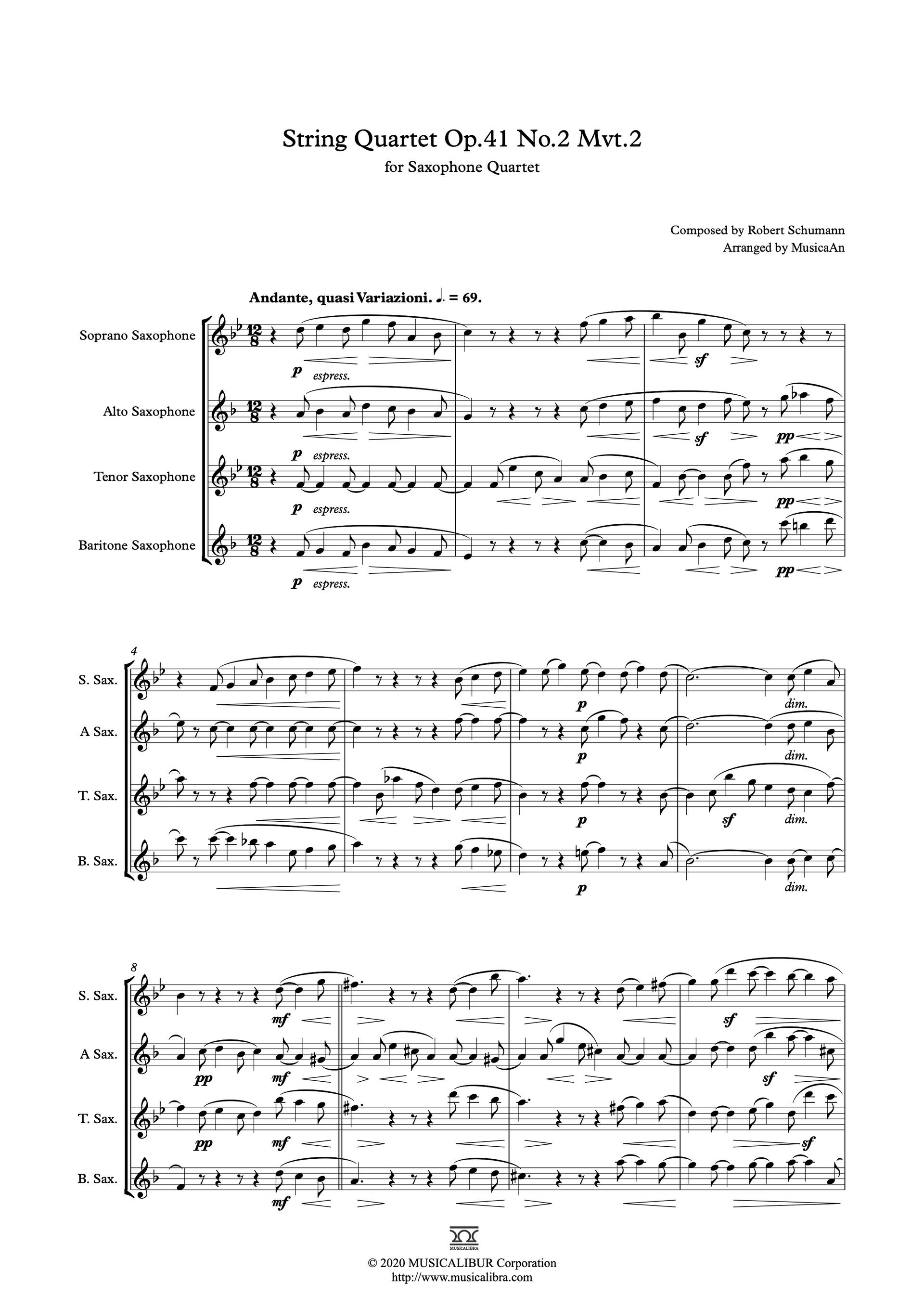 QUARTET SHEET MUSIC] Schumann String Quartet No. 2