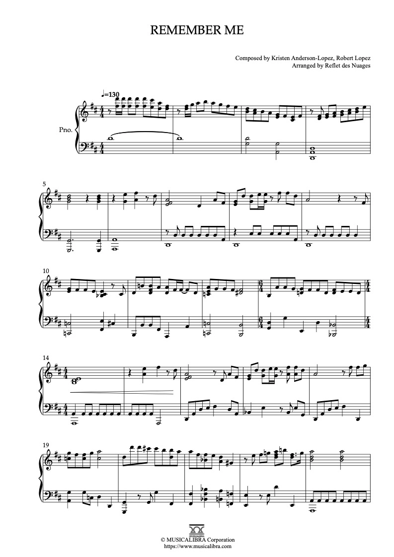 PIANO SOLO 乐谱] Remember Me 钢琴乐谱: MUSICALIBRA CHINA