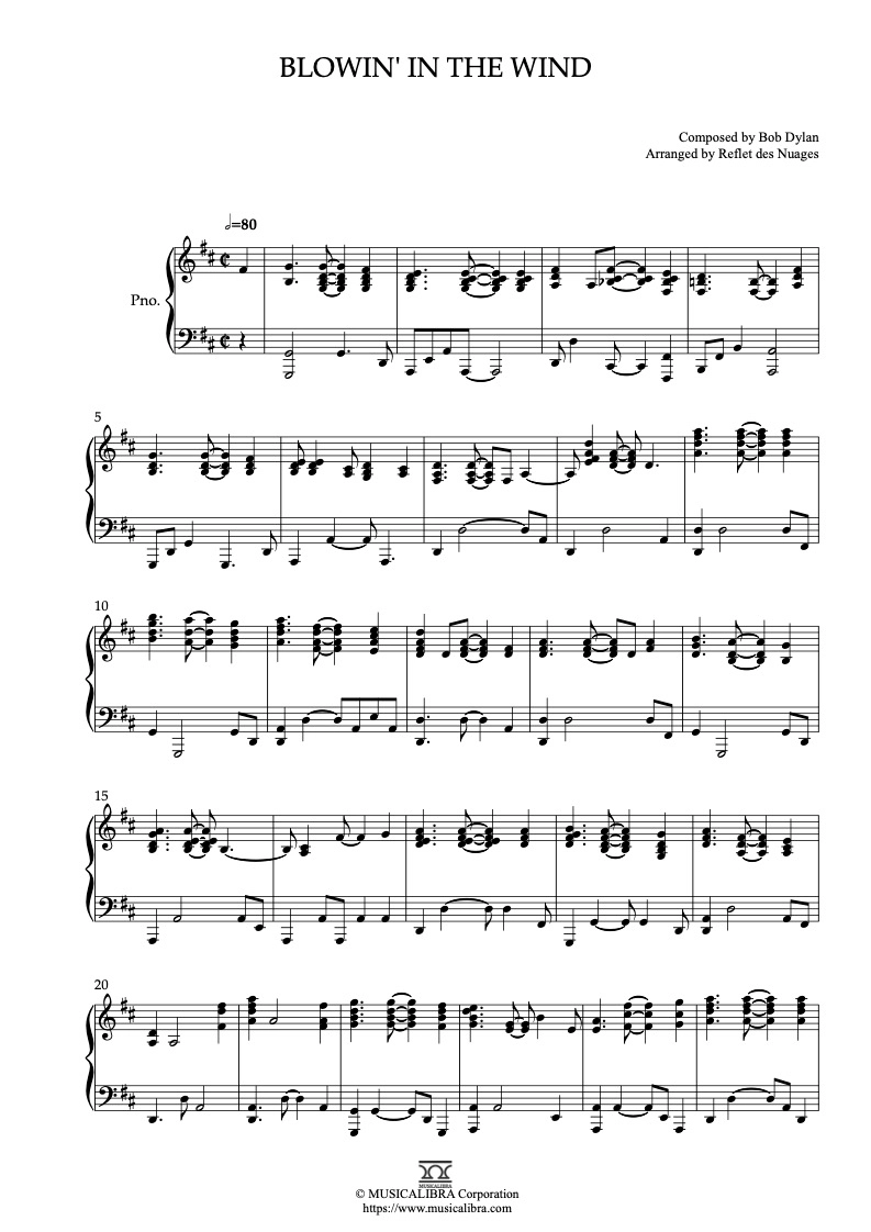 PIANO SOLO 楽譜] Blowin' in the Wind ピアノ 編曲 楽譜