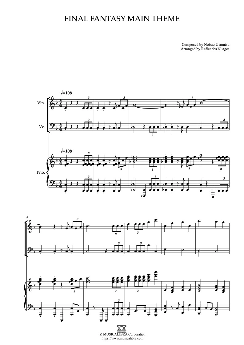 TRIO SHEET MUSIC] Final Fantasy Main Theme - Violin, Cello and