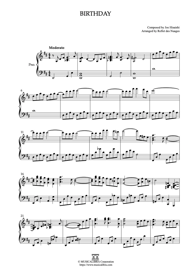 PIANO SOLO 楽譜] Birthday ピアノ 編曲 楽譜 : Musicalibra Japan