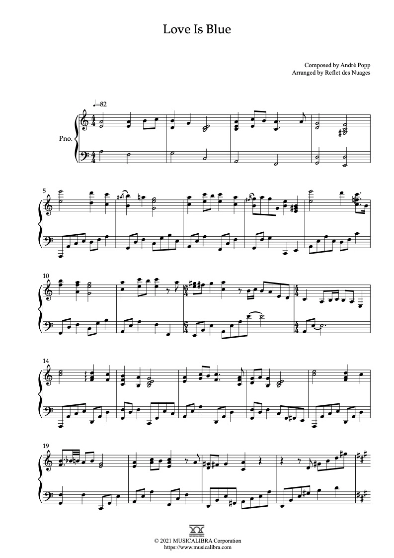 PIANO SOLO 楽譜] Love Is Blue ピアノ 編曲 楽譜 : Musicalibra