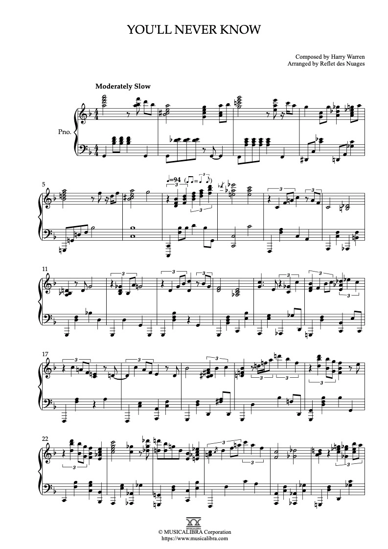 PIANO SOLO 楽譜] You'll Never Know ピアノ 編曲 楽譜