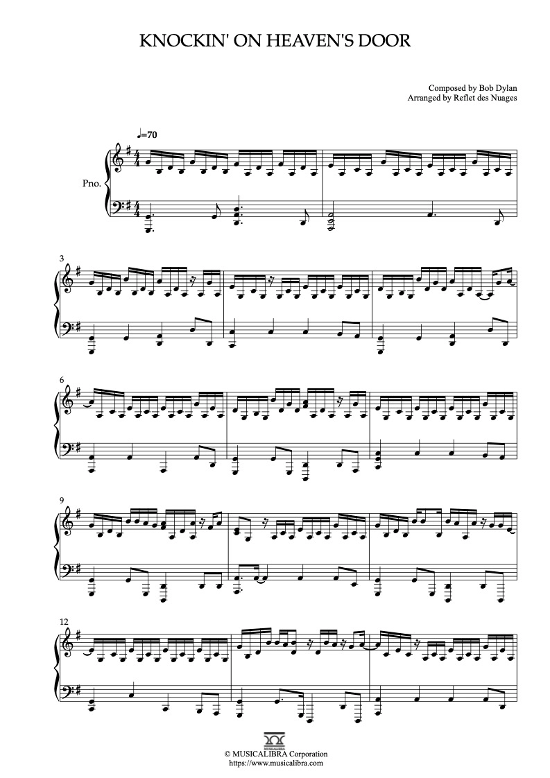 PIANO SOLO 楽譜] Knockin' on Heaven's Door ピアノ 編曲 楽譜