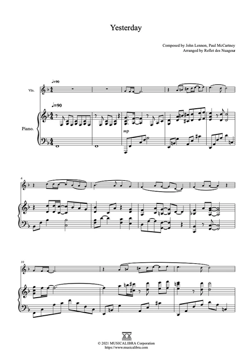 DUET 楽譜] Yesterday - ヴァイオリン、ピアノデュエット 室内楽 アンサンブル : Musicalibra Japan