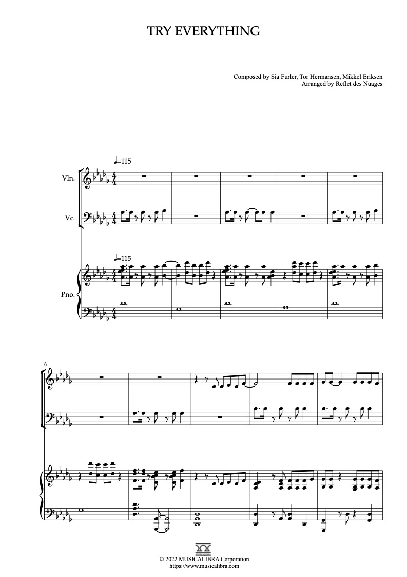 TRIO 楽譜] Try Everything - ヴァイオリン、チェロ、ピアノトリオ