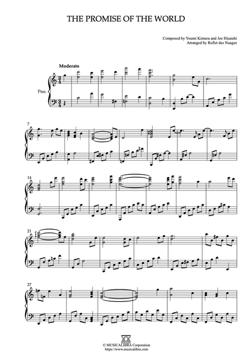 PIANO SOLO 楽譜] ハウルの動く城 世界の約束(The Promise of the World) ピアノ 編曲 楽譜 :  Musicalibra Japan