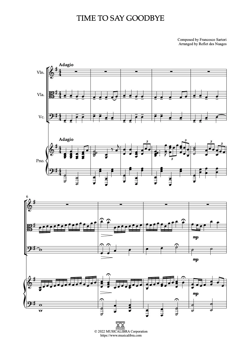 QUARTET 楽譜] Time to Say Goodbye - ヴァイオリン、ビオラ、チェロ