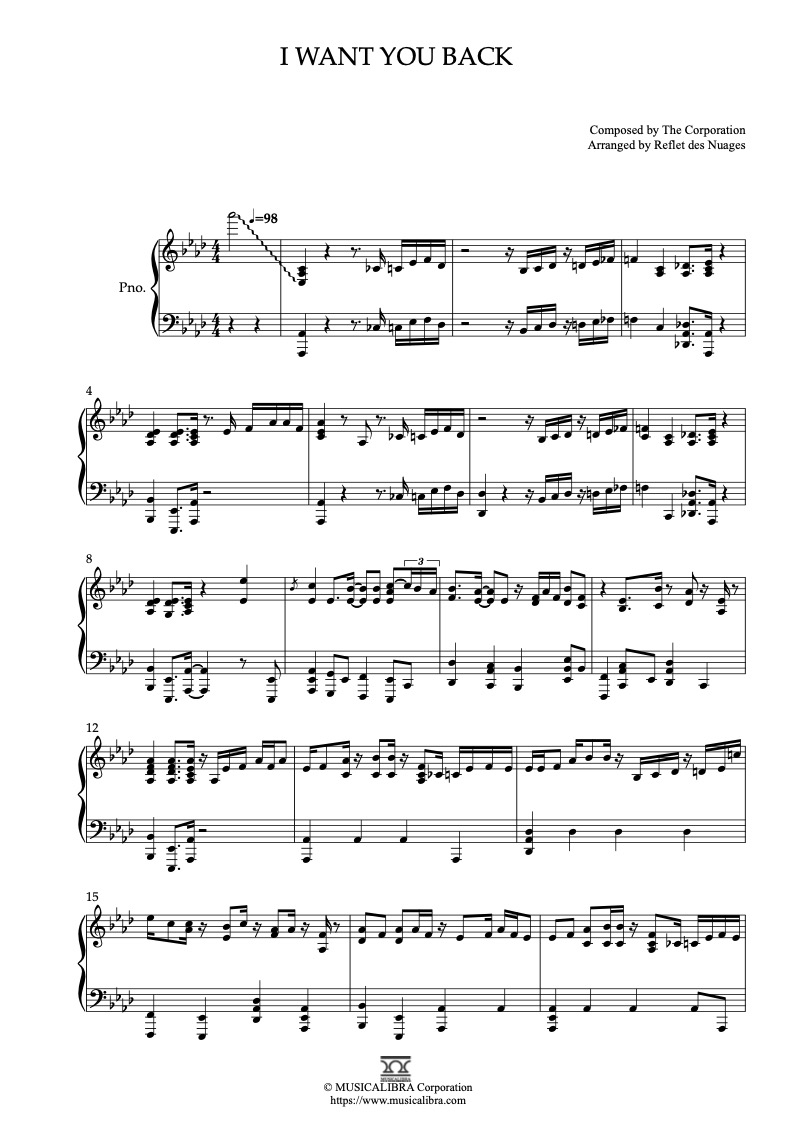 PIANO SOLO SHEET MUSIC] I Want You Back : MUSICALIBRA