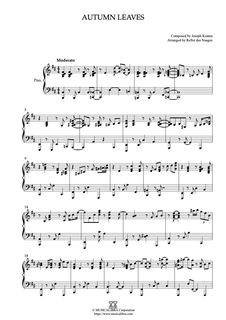PIANO SOLO SHEET MUSIC] Autumn Leaves 钢琴乐谱: MUSICALIBRA
