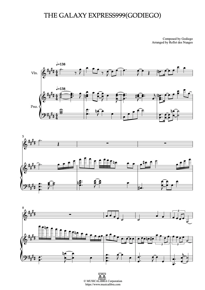 DUET SHEET MUSIC] The Galaxy Express999(Godiego) - Violin and