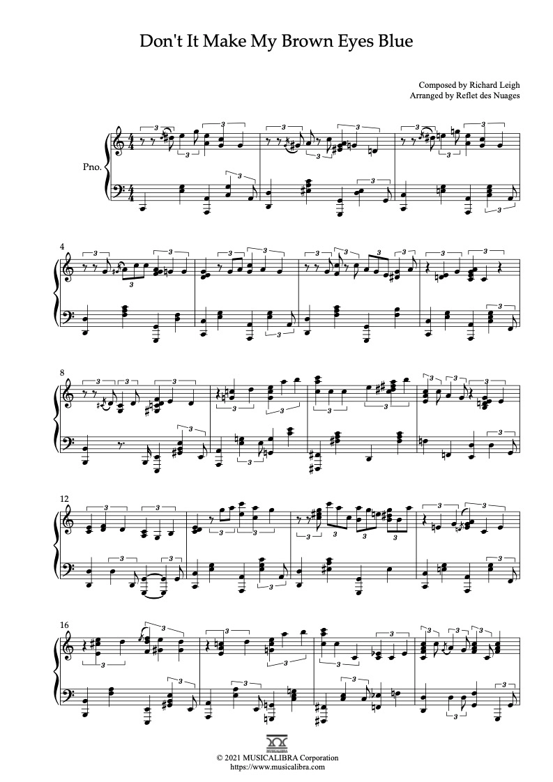 PIANO SOLO 楽譜] Don't It Make My Brown Eyes Blue ピアノ 編曲 楽譜