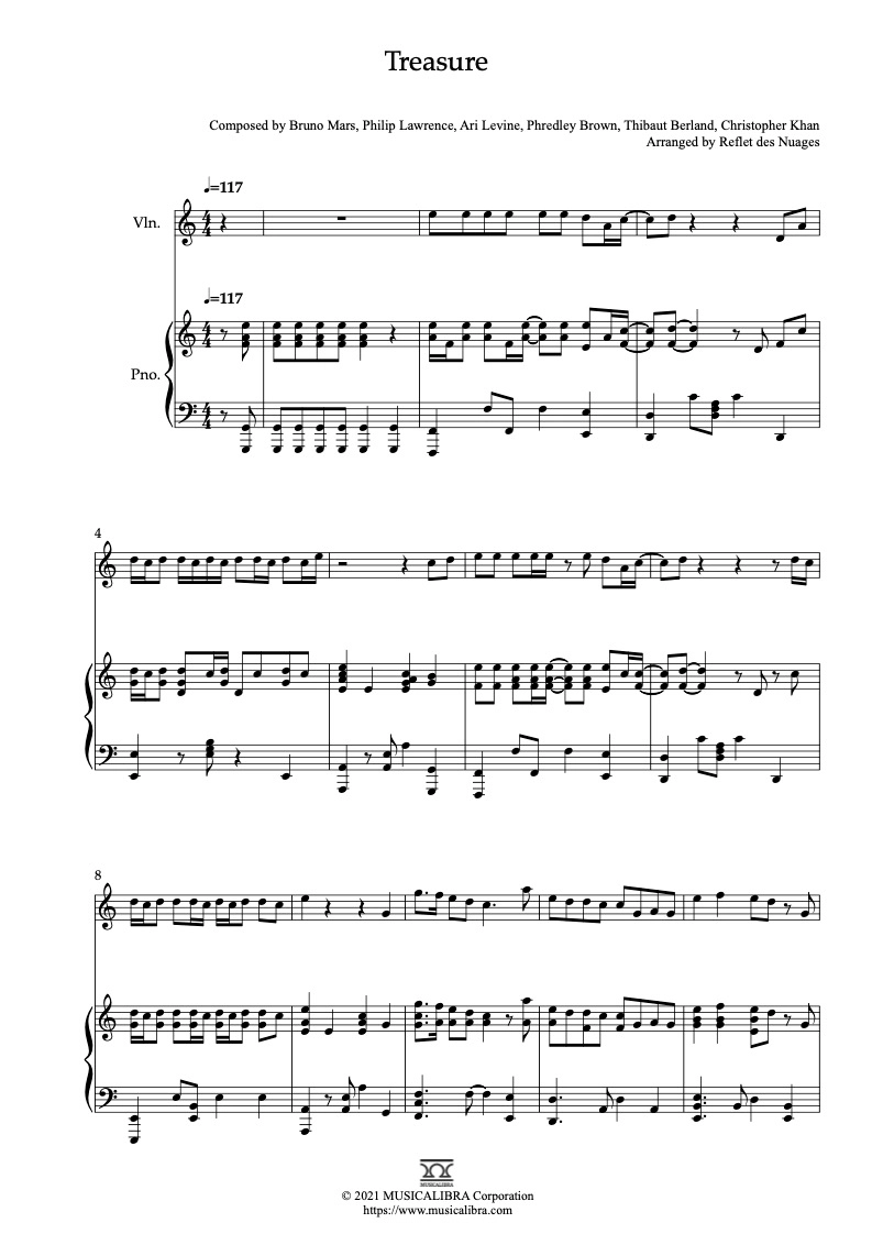 DUET SHEET MUSIC] Treasure - Violin and Piano Chamber Ensemble : Musicalibra