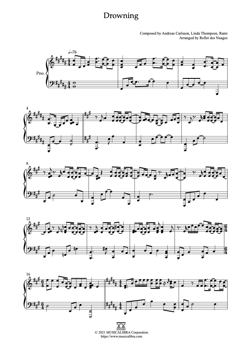 PIANO SOLO 楽譜] Drowning ピアノ 編曲 楽譜 : MUSICALIBRA JAPAN