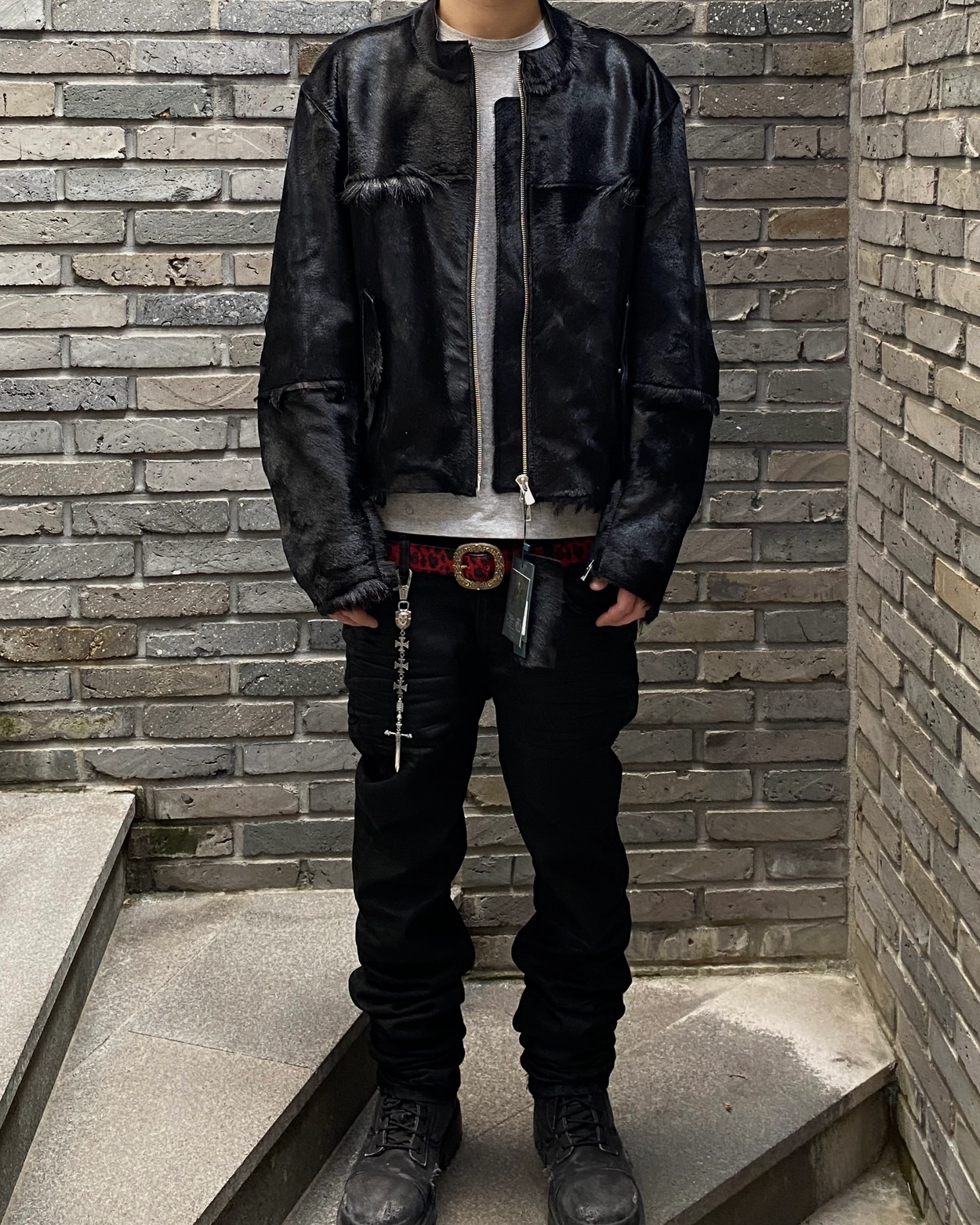 ★関税込★Undermycar★INDIAN GOAT HAIR BLOCKED RIDER JACKET 25SS INDIAN GOAT HAIR BLOCKED RIDER JACKET - GOAT BLACK