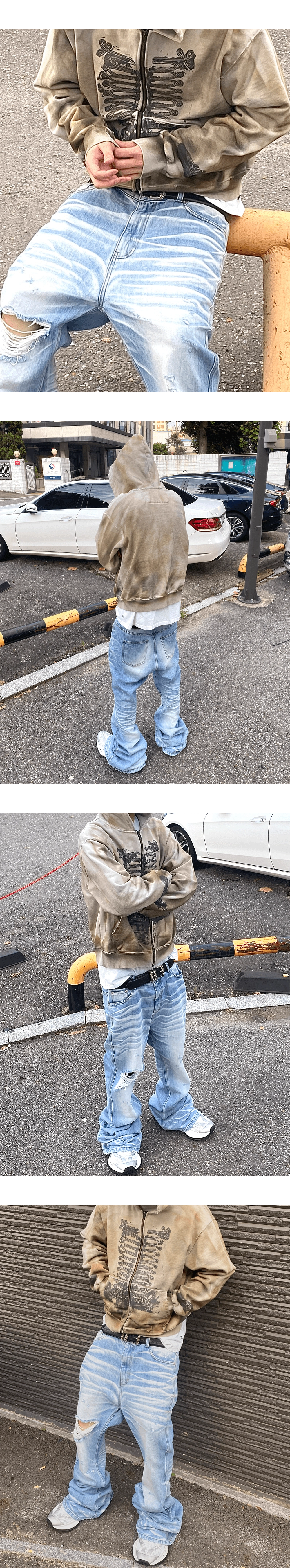 【Undermycar】OIL STAINED BLUE FLARE JEANS Undermycar - OIL STAINED WRINKLED BLUE WIDE FLARE JEANS OIL