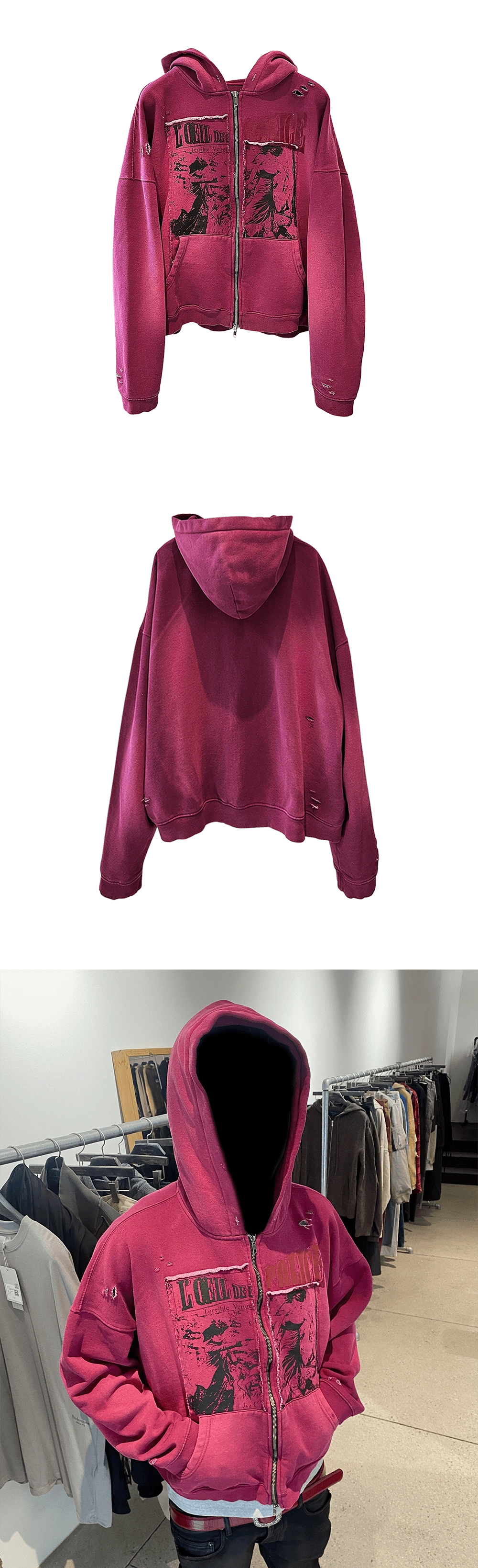 パーカー・フーディ Undermycar VINTAGE POSTER OLD DYEING ZIPPED HOODIE 5FT2152 UNDERMYCAR] 25SS VINTAGE POSTER OLD DYEING ZIPPED HOODIE
