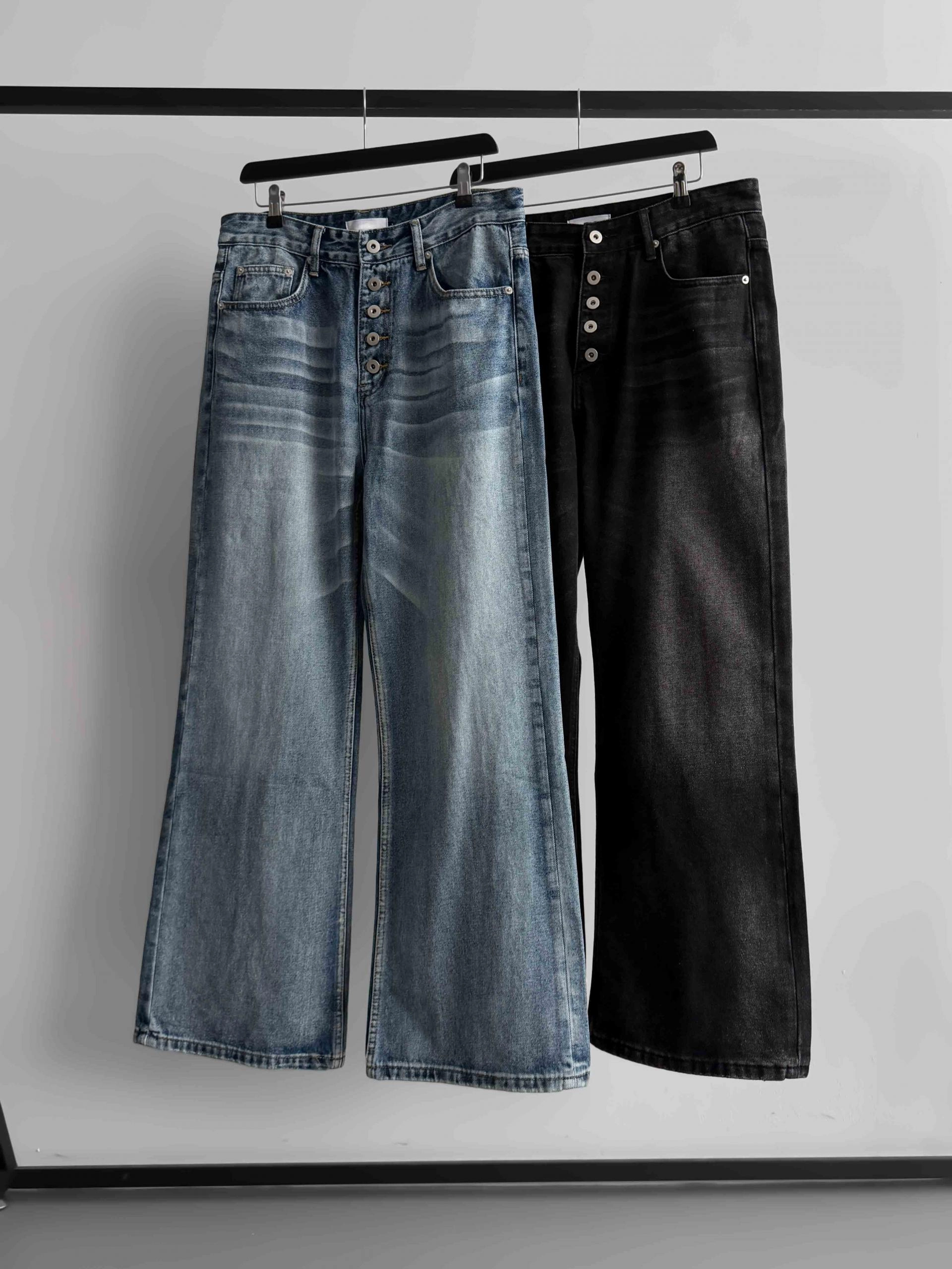 Button fly flare denim pants