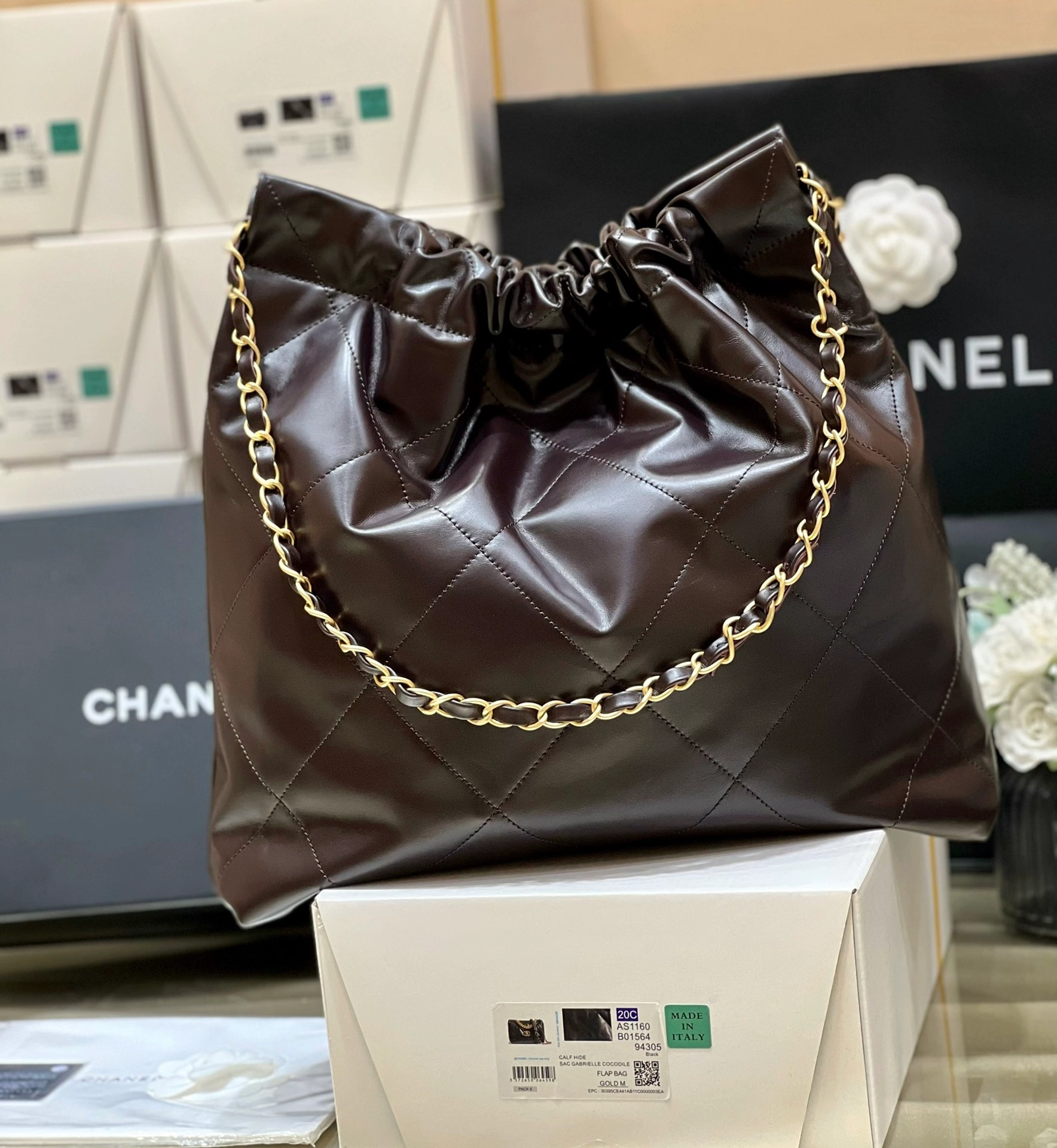 샤넬 22백 미디움 초코 브라운 골드