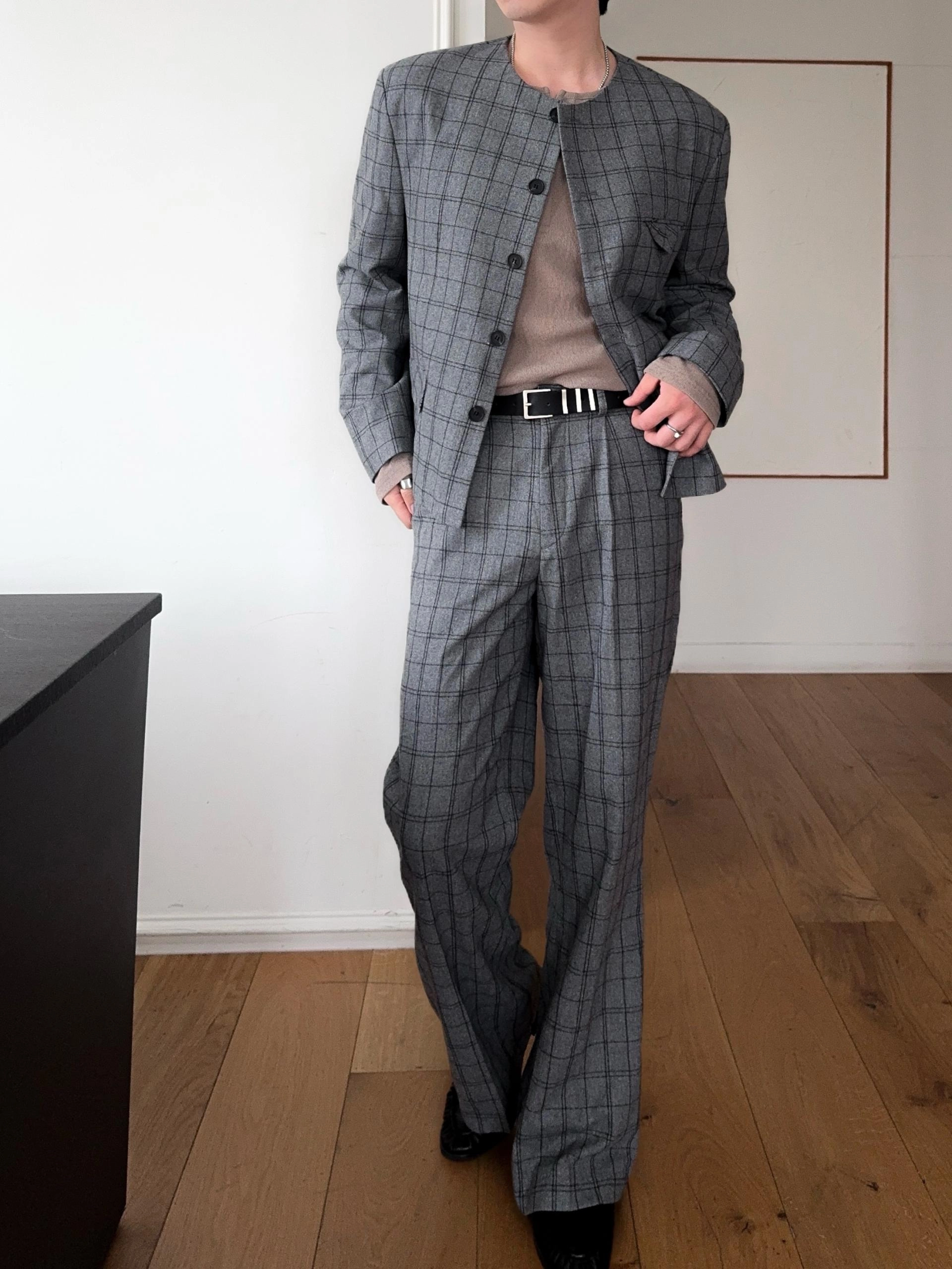 (셋업가능) 메이트 체크 반밴딩 플레어 팬츠 2COL