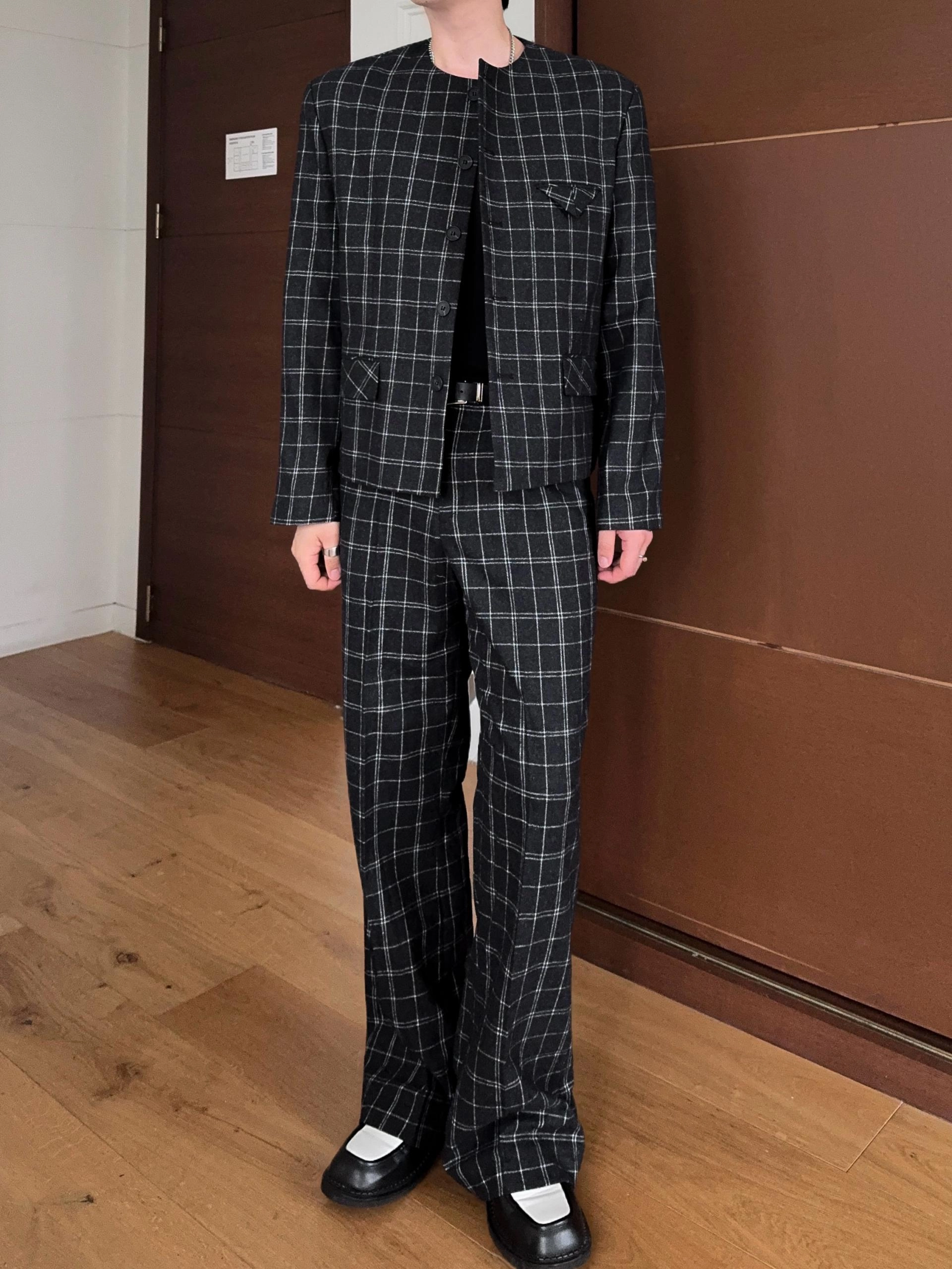 (셋업가능) 메이트 체크 반밴딩 플레어 팬츠 2COL