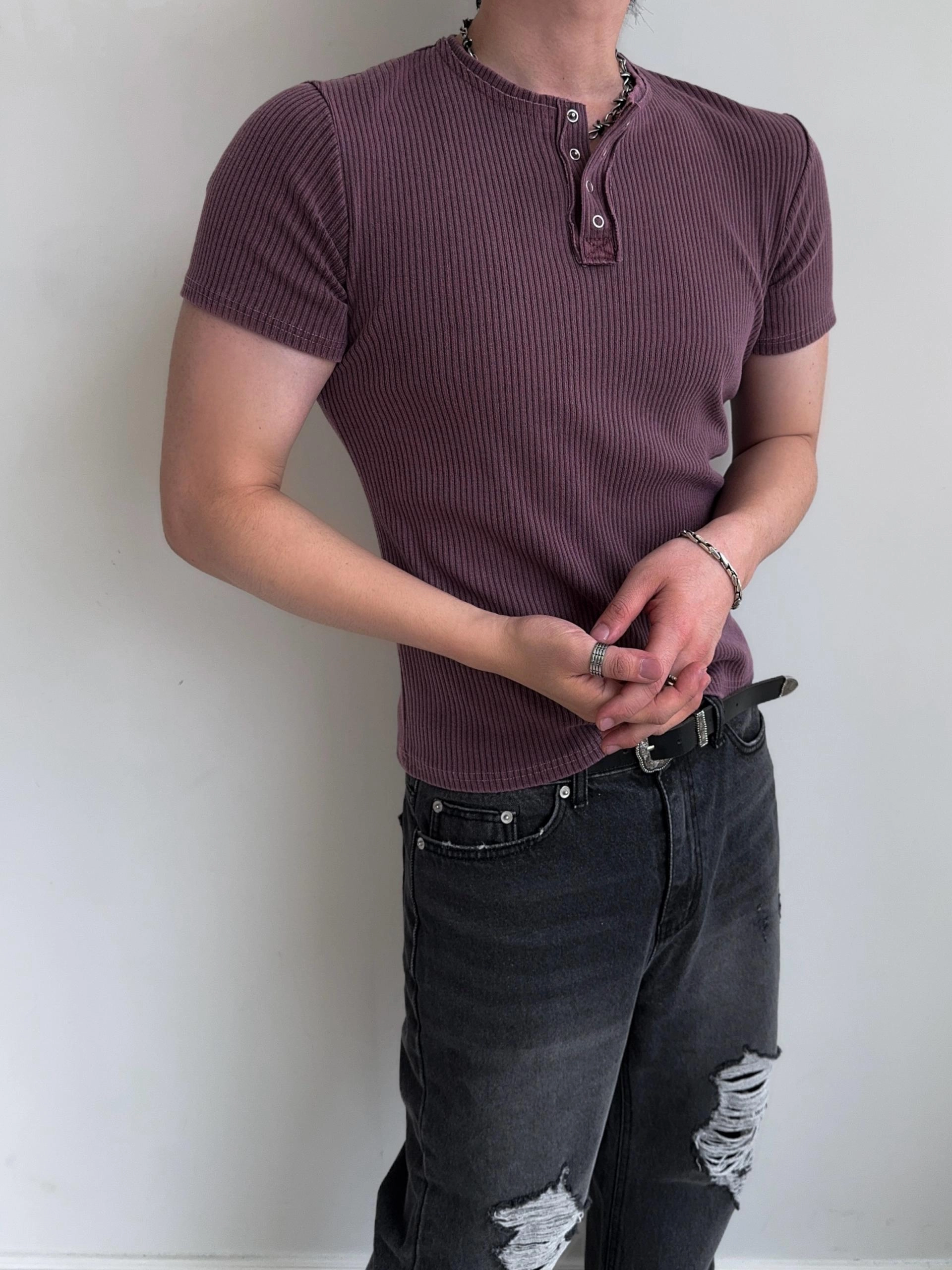 【MUSCLE FIT】Dest Pigment亨利領短袖T卹，4種顏色可選