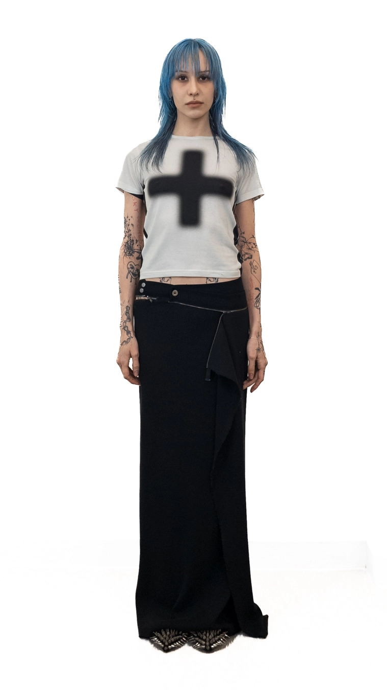 TROMPE L'OEIL KNIT GRAPHIC CROP SHORT SLEEVE KHAKI BLACK
