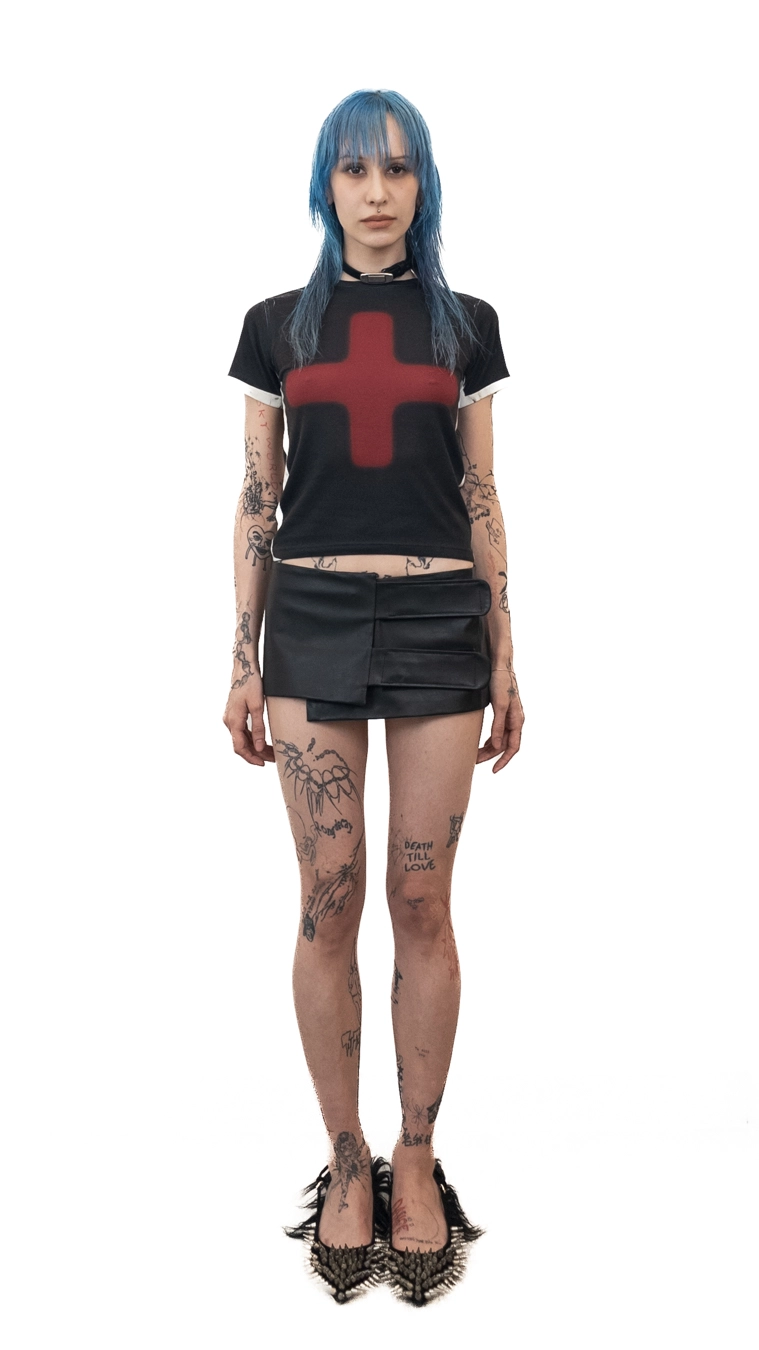 Tシャツ・カットソー [DOGMA EHKS] CROSS CROP SHORT SLEEVE TROMPE L'OEIL KNIT GRAPHIC CROP SHORT SLEEVE KHAKI BLACK