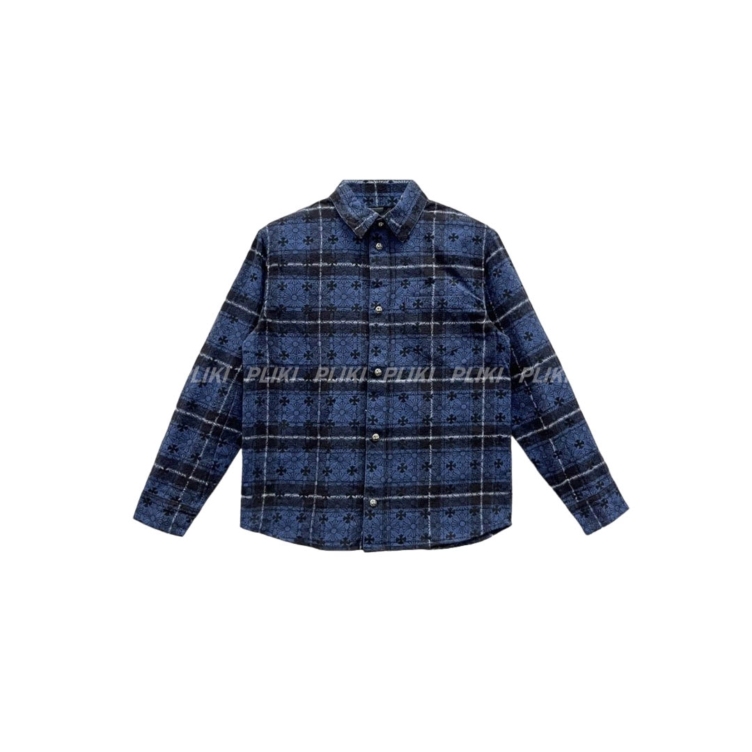 Chrome Hearts Blue Monogram Cross Silver Button Kids Flannel Shirt : PLAN B