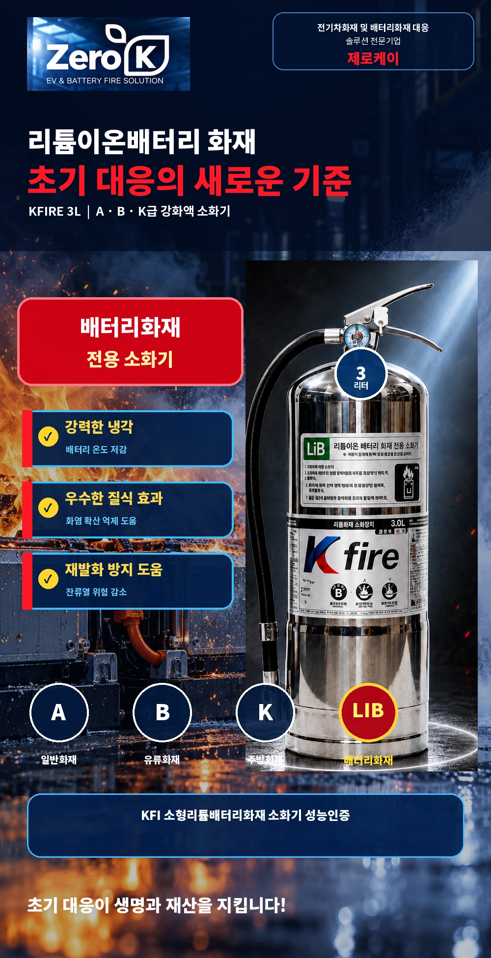 리튬이온배터리 보조배터리 소화기 3L 소형리튬이온전지 화재전용 친환경인증 A급 B급 K급 한국소방기구제작소 ABK 영하40도에서도 얼지않는 초냉각소화약제