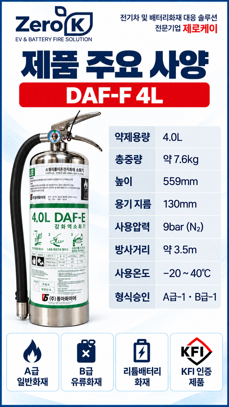 리튬이온배터리 전기차화재 대응 KFI A·B급 형식승인 LIB 성능인증 4L 강화액 소화기