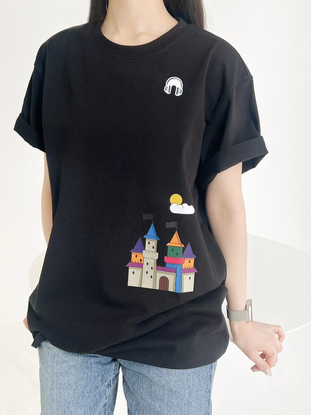 버디즈 마법의성 디자인 블랙반팔티셔츠 루즈핏 여성반팔티 추천형