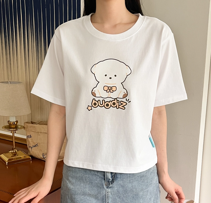 버디즈 화이트푸들 크롭반팔티셔츠 루즈핏 여성크롭티 후기형