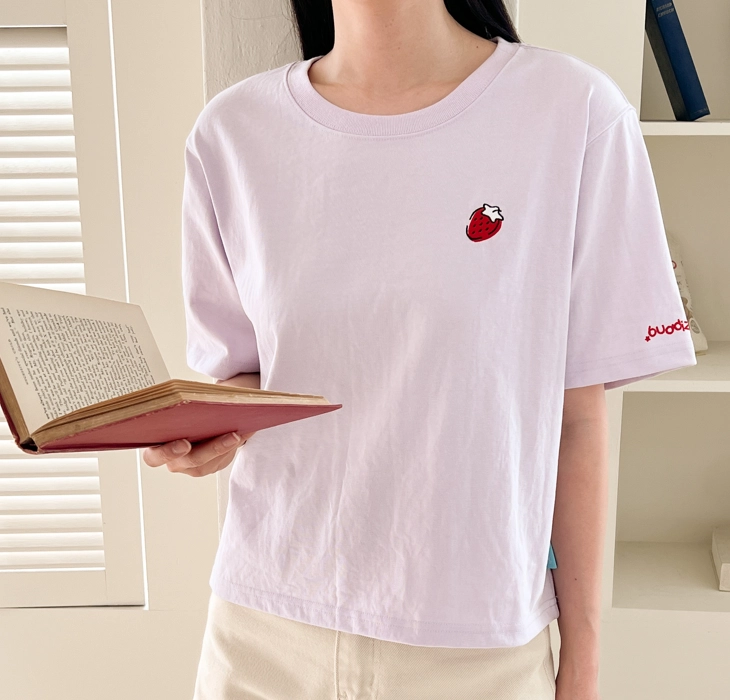 버디즈 딸기 자수 크롭반팔티셔츠 루즈핏 여성크롭티