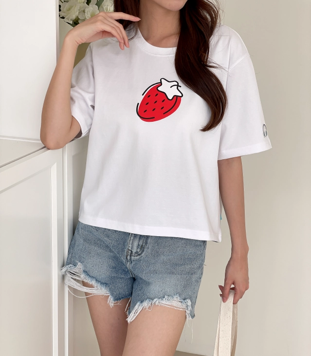 버디즈 딸기 크롭반팔티셔츠 루즈핏 여성크롭티 비교형