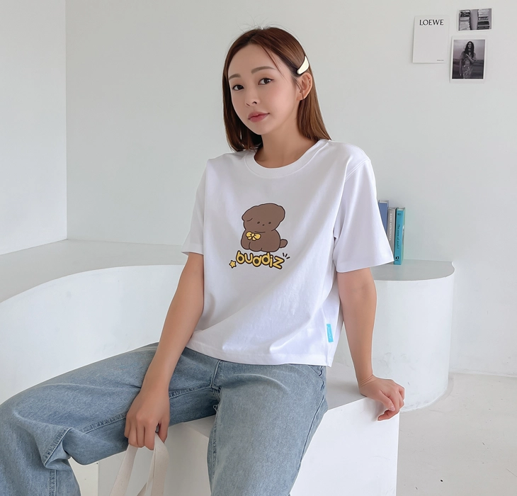 버디즈 브라운푸들 크롭반팔티셔츠 루즈핏 여성크롭티 비교형