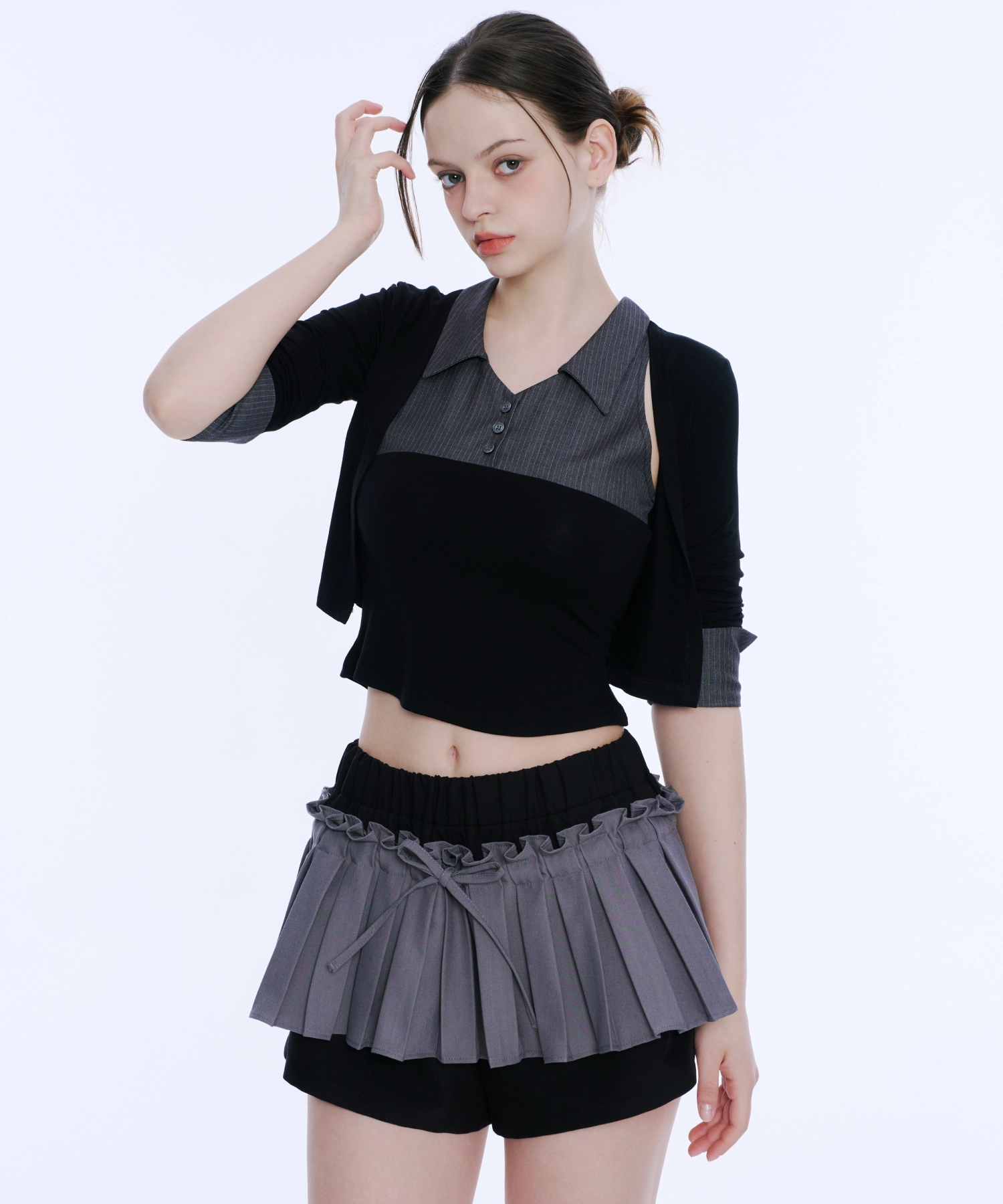 Frill Pleated Skirt Pants (Grey&Black)
