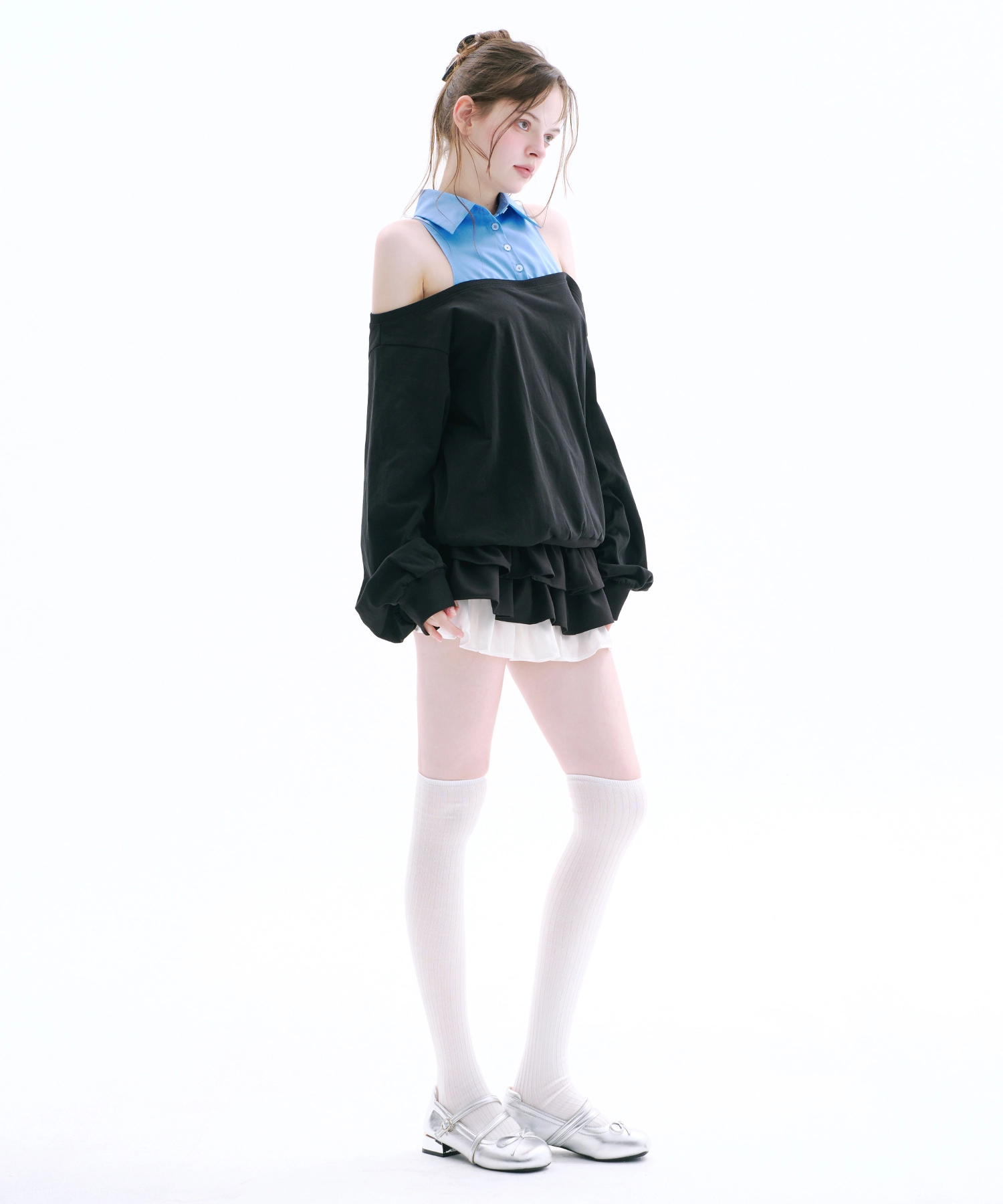 Layered Off Shoulder Sweatshirt (Blue)