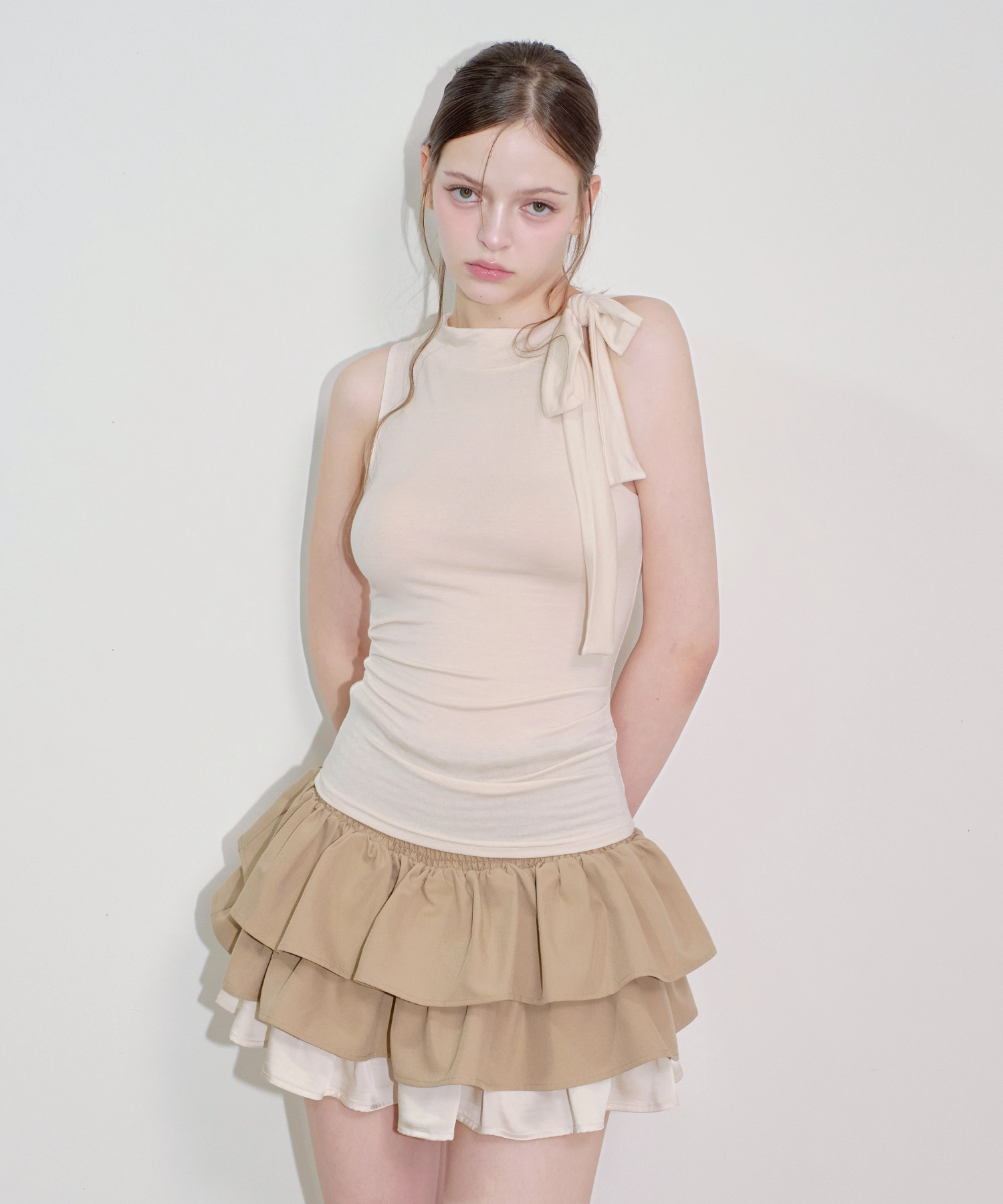 Shirred Scarf Tie Sleeveless Top (Beige)