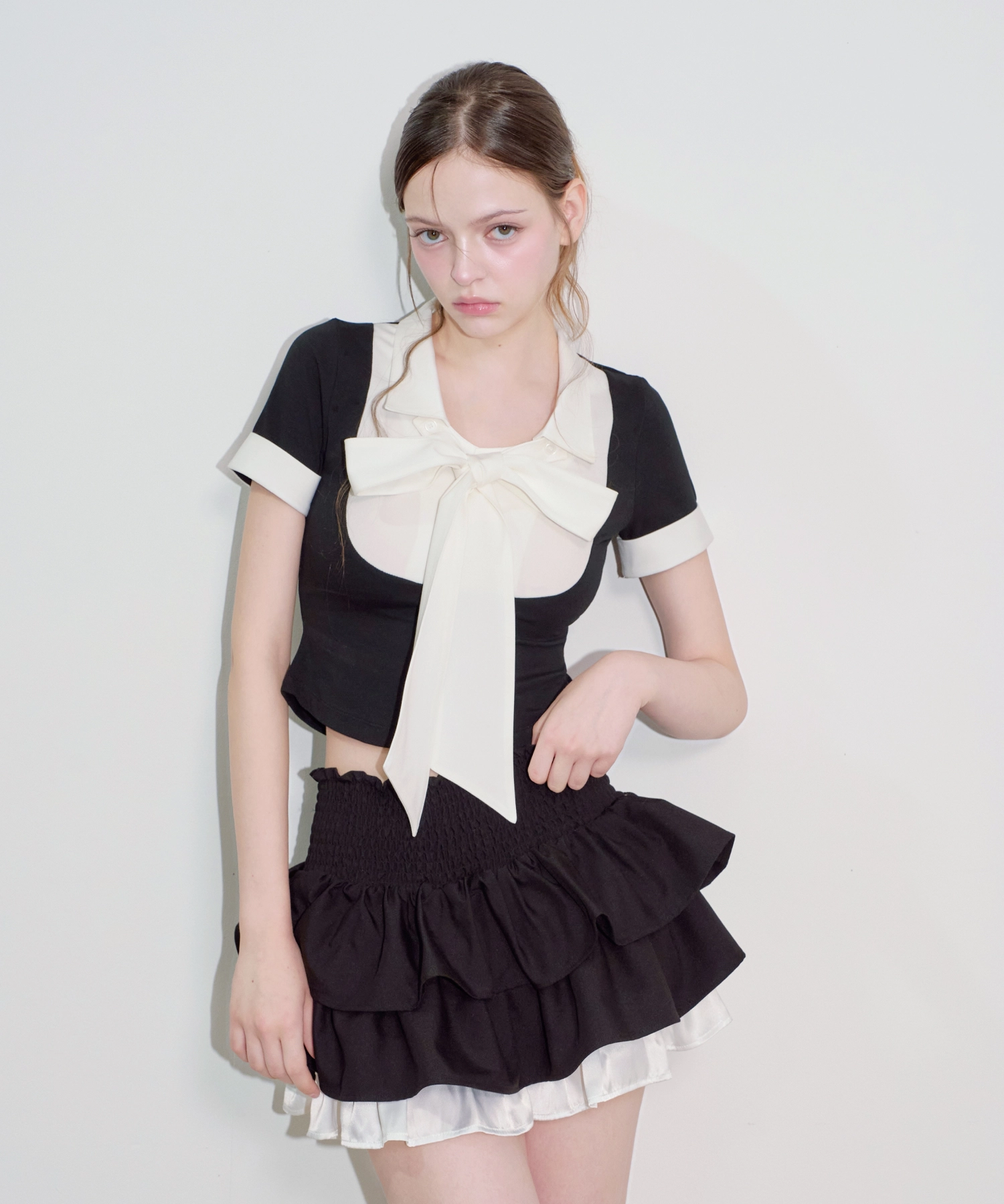 Layered Ribbon Scarf-Tie Short Sleeve Top (black)