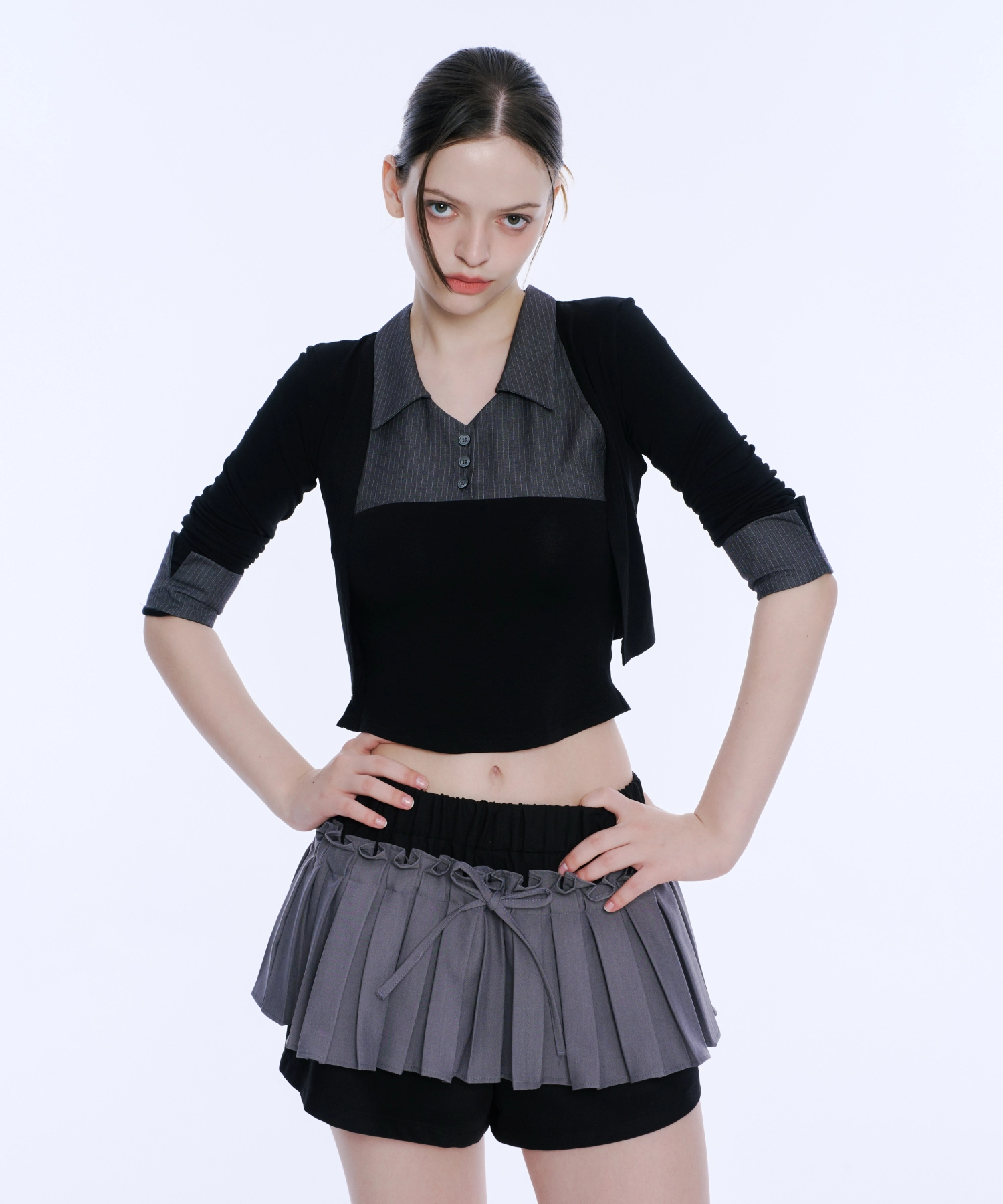 Layered Sleeveless Top & Bolero Set (Black&Grey)