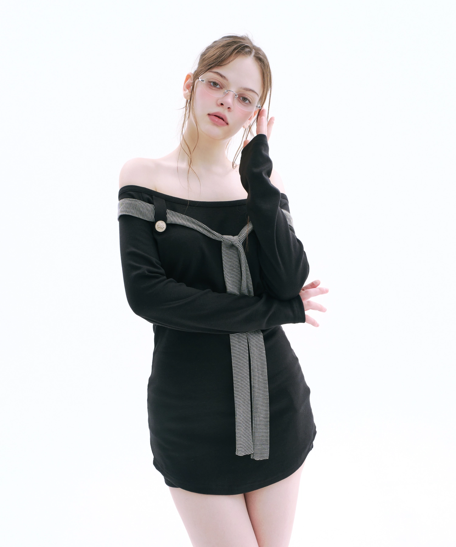 Scarf Button Long Sleeve (Black)