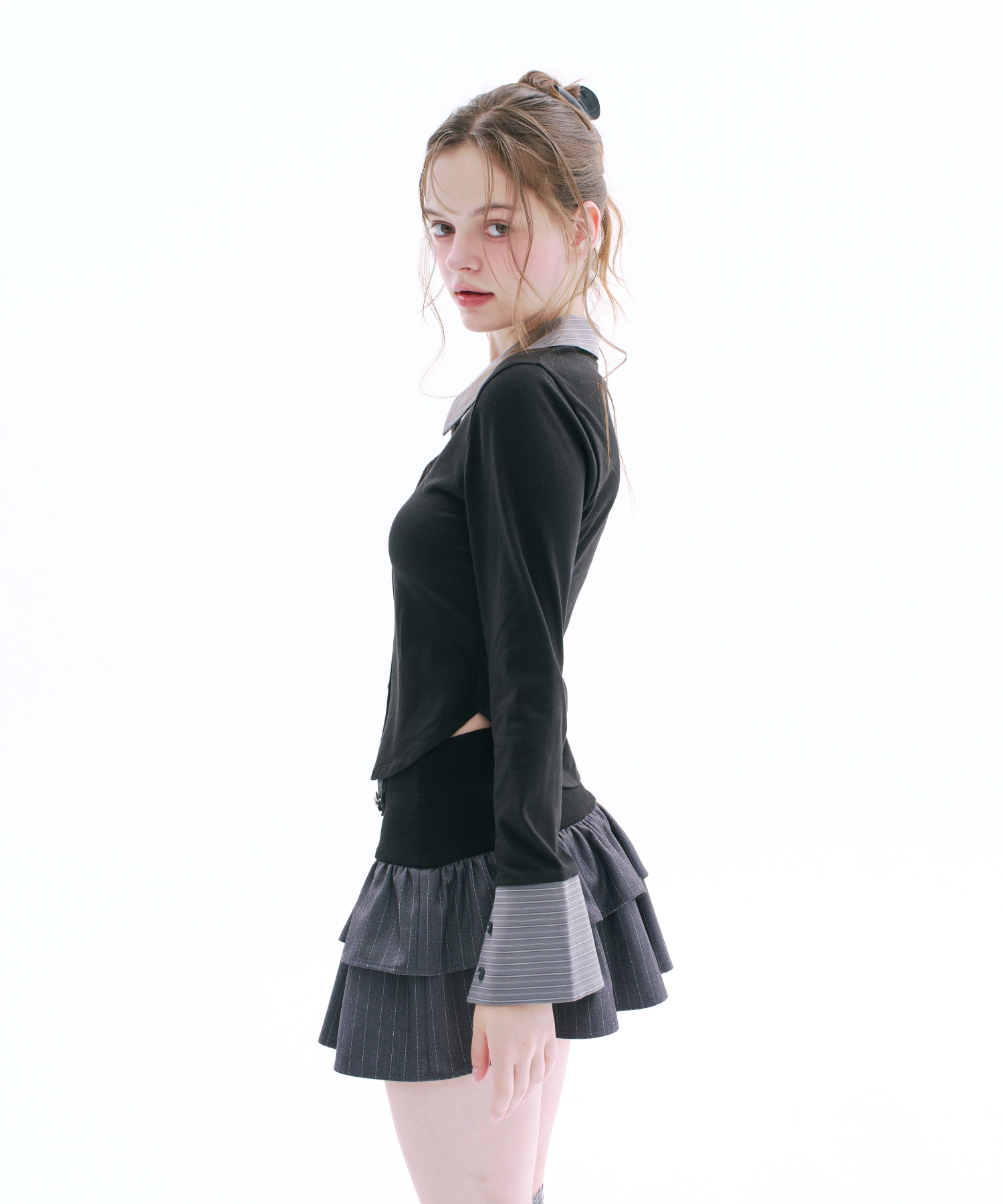 Shirt Layered Cardigan (Gray)